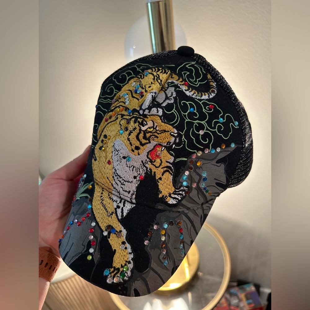 Vintage Y2K Style Tiger Bejeweled Embroidered Trucker Hat by Tattoos - Picture 2 of 9